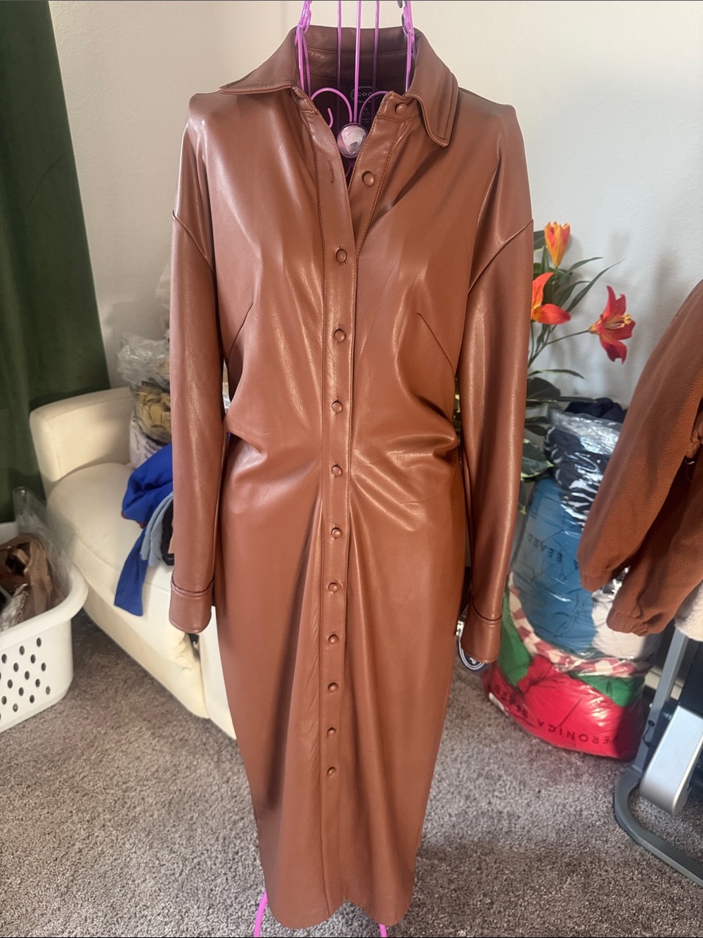 Scoop Women’s Brown Faux Leather Button-Front Midi Jacket Dress